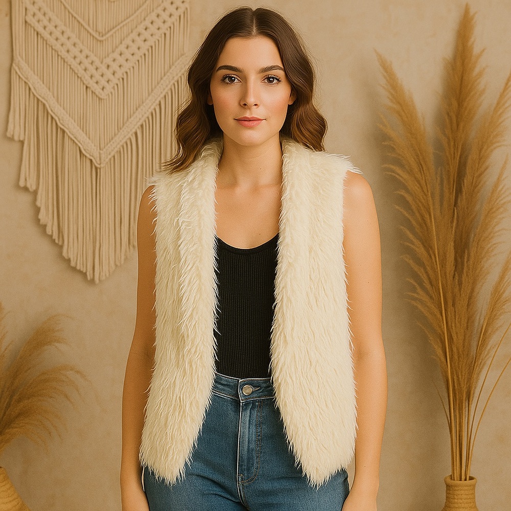 Women Sz S Faux Suede Vest Shaggy Sherpa Cream Neutral Boho Asymmetrical Hippie